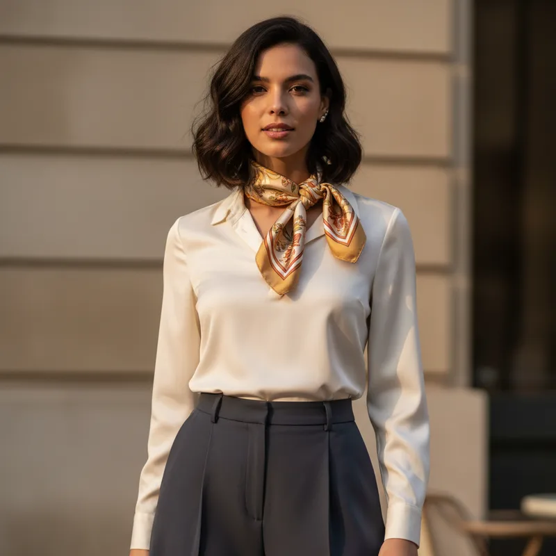 9. Pantalón de vestir + blusa + pañoleta al cuello (estilo francés)