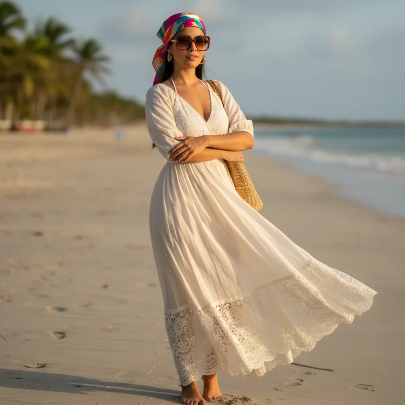 7. Vestido de playa + pañoleta en la cabeza