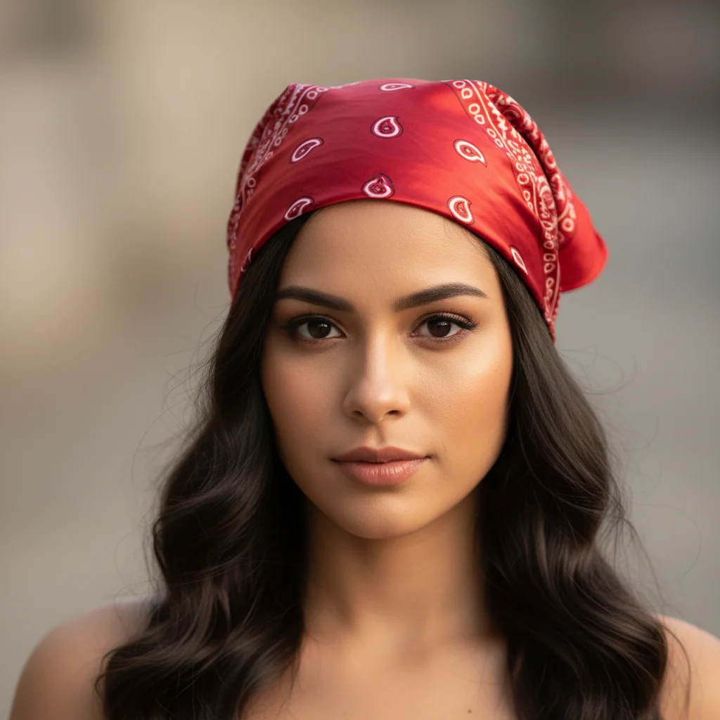 Mujer con pañoleta para la cabeza estilo paisley roja - ANUDA Colombia